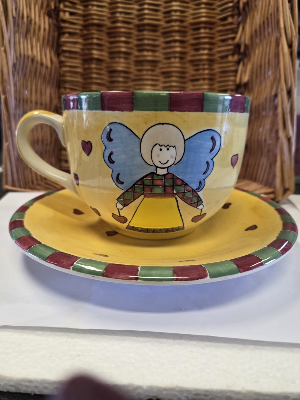 Mikasa Yellow Angel Motif Mug and Saucer with Blue Wings Large Size